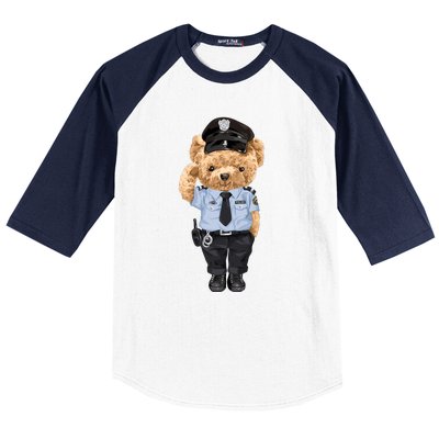 Cute Teddy Bear In Police Uniform Baseball Sleeve Shirt