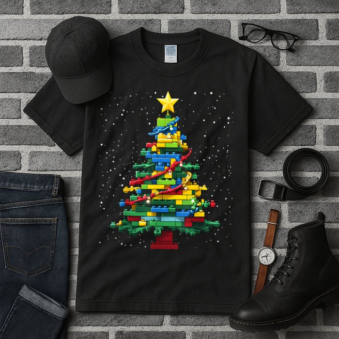 Christmaschristmas Tree Block Tree Block Brick Building Xmas Master Builder Tall T-Shirt
