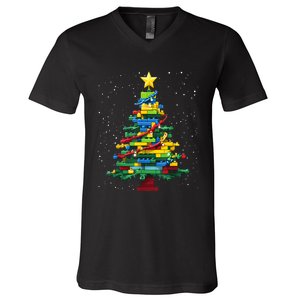 Christmaschristmas Tree Block Tree Block Brick Building Xmas Master Builder V-Neck T-Shirt