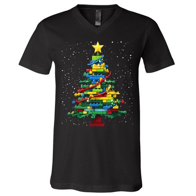 Christmaschristmas Tree Block Tree Block Brick Building Xmas Master Builder V-Neck T-Shirt