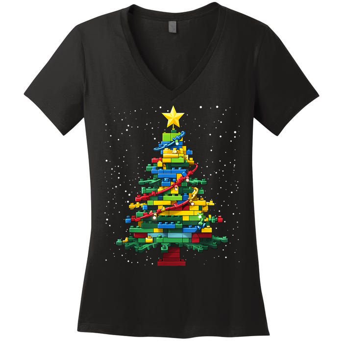 Christmaschristmas Tree Block Tree Block Brick Building Xmas Master Builder Women's V-Neck T-Shirt
