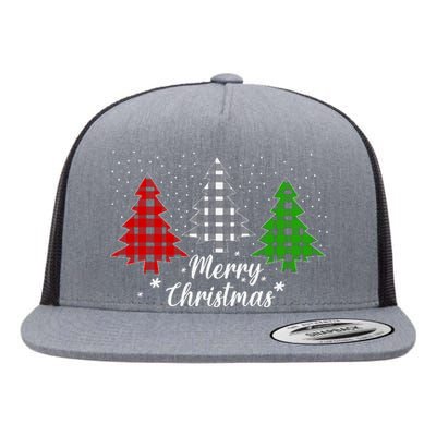 Christmas Tree Buffalo Plaid Merry Christmas Calligraphy Flat Bill Trucker Hat