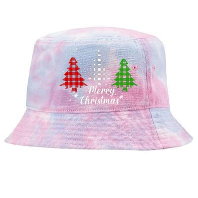 Christmas Tree Buffalo Plaid Merry Christmas Calligraphy Tie-Dyed Bucket Hat