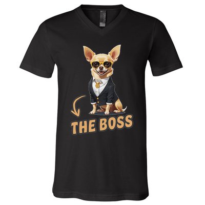 Chihuahua The Boss Funny Chihuahua Owner Chihuahua Dog Lover V-Neck T-Shirt