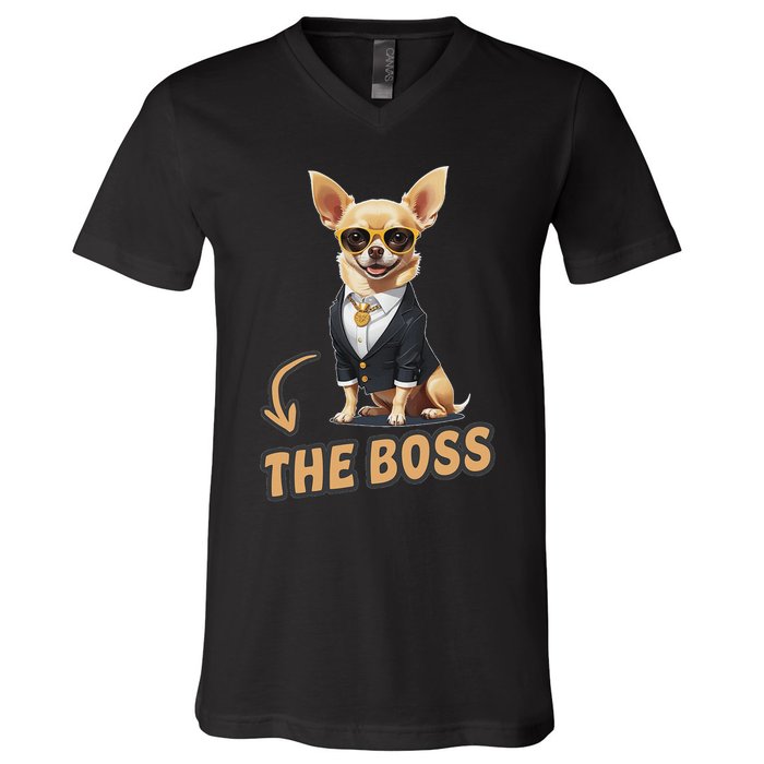 Chihuahua The Boss Funny Chihuahua Owner Chihuahua Dog Lover V-Neck T-Shirt