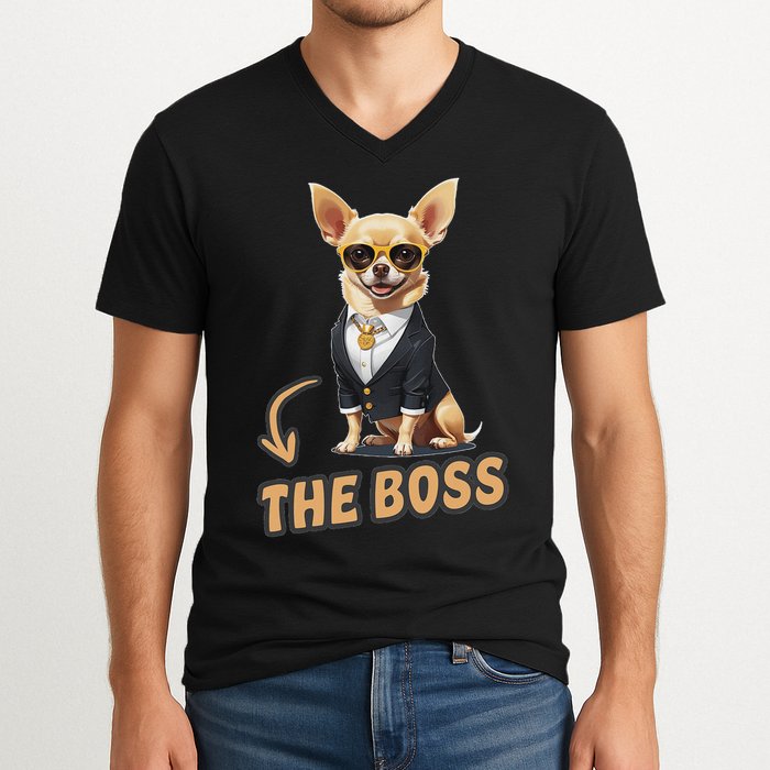 Chihuahua The Boss Funny Chihuahua Owner Chihuahua Dog Lover V-Neck T-Shirt