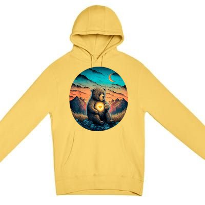 Cute Teddy Bear Sunset Mountains Vintage Premium Pullover Hoodie