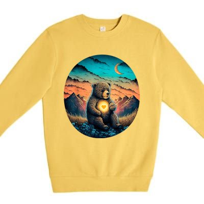 Cute Teddy Bear Sunset Mountains Vintage Premium Crewneck Sweatshirt