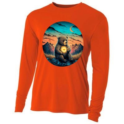 Cute Teddy Bear Sunset Mountains Vintage Cooling Performance Long Sleeve Crew