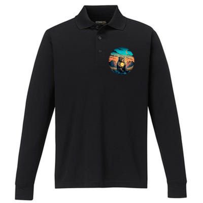 Cute Teddy Bear Sunset Mountains Vintage Performance Long Sleeve Polo