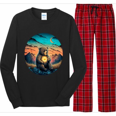 Cute Teddy Bear Sunset Mountains Vintage Long Sleeve Pajama Set