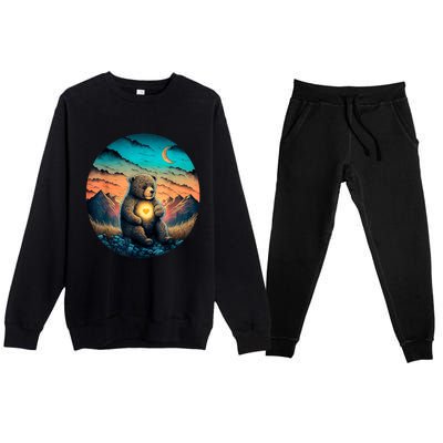 Cute Teddy Bear Sunset Mountains Vintage Premium Crewneck Sweatsuit Set