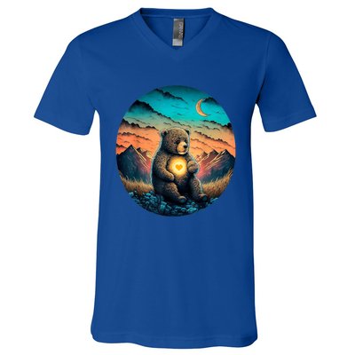 Cute Teddy Bear Sunset Mountains Vintage V-Neck T-Shirt