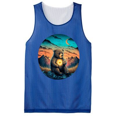 Cute Teddy Bear Sunset Mountains Vintage Mesh Reversible Basketball Jersey Tank