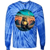 Cute Teddy Bear Sunset Mountains Vintage Tie-Dye Long Sleeve Shirt