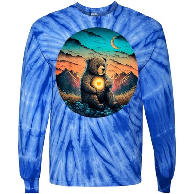 Cute Teddy Bear Sunset Mountains Vintage Tie-Dye Long Sleeve Shirt