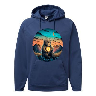 Cute Teddy Bear Sunset Mountains Vintage Performance Fleece Hoodie