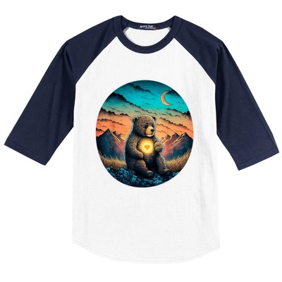 Cute Teddy Bear Sunset Mountains Vintage Baseball Sleeve Shirt