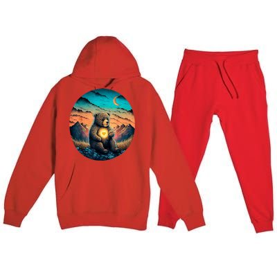 Cute Teddy Bear Sunset Mountains Vintage Premium Hooded Sweatsuit Set