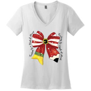 Christmas Teacher Bow Women's V-Neck T-Shirt