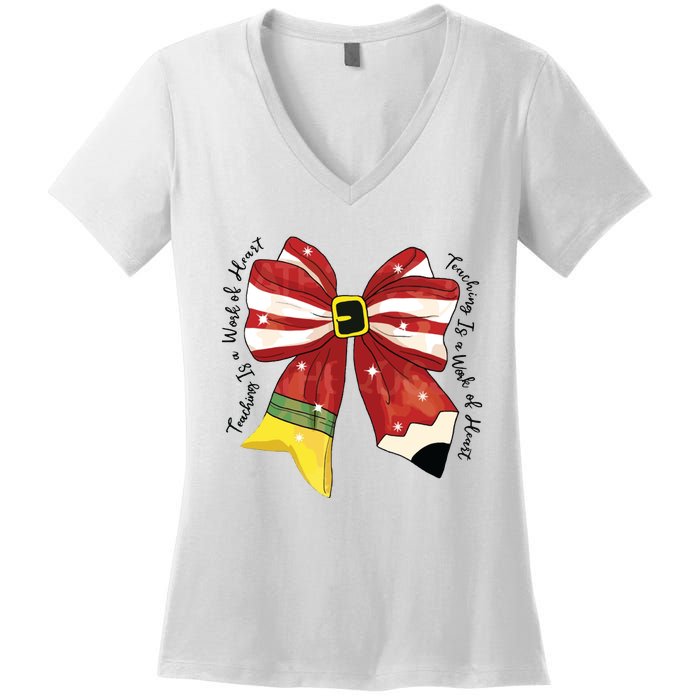 Christmas Teacher Bow Women's V-Neck T-Shirt