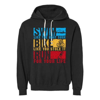 Cool Triathlon Boat Swim Bike Run Triathlete Garment-Dyed Fleece Hoodie