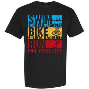 Cool Triathlon Boat Swim Bike Run Triathlete Garment-Dyed Heavyweight T-Shirt