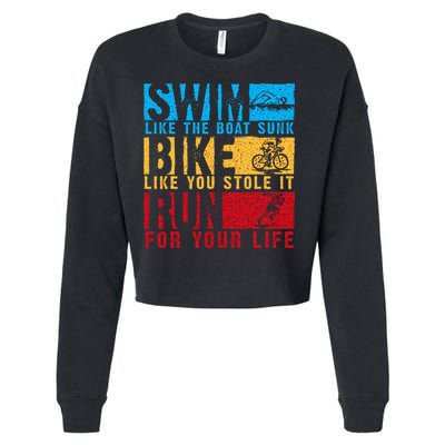 Cool Triathlon Boat Swim Bike Run Triathlete Cropped Pullover Crew