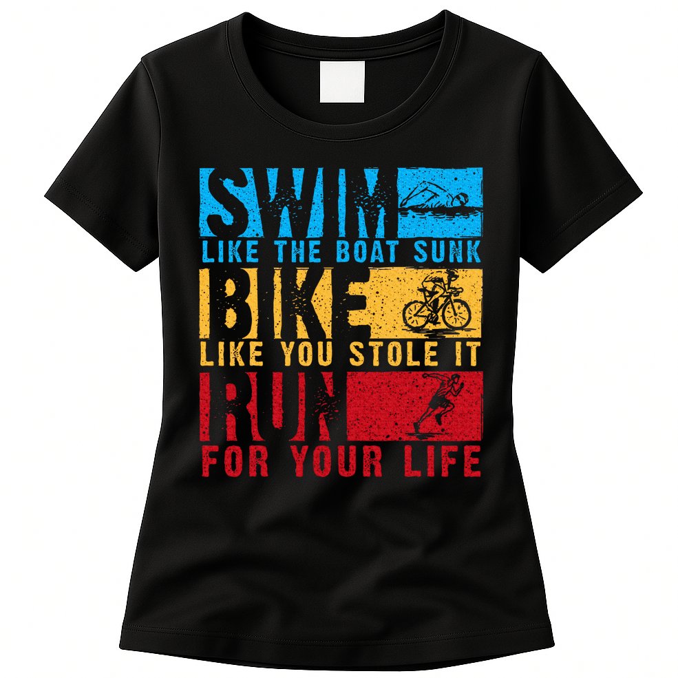 Cool Triathlon Boat Swim Bike Run Triathlete Womens T-Shirt