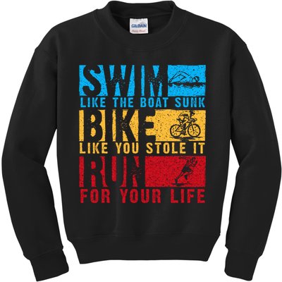 Cool Triathlon Boat Swim Bike Run Triathlete Kids Sweatshirt
