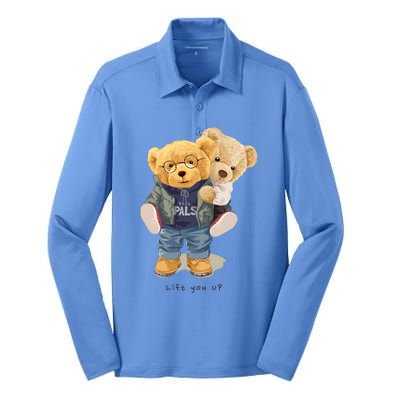 Cute Teddy Bear Lift You Up Silk Touch Performance Long Sleeve Polo