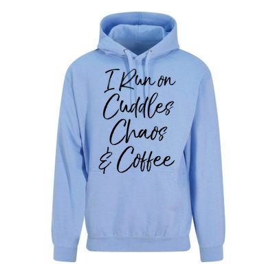 Cute Tired Coffee Mom Gift I Run On Cuddles Chaos And Caffeine Funny Gift Unisex Surf Hoodie