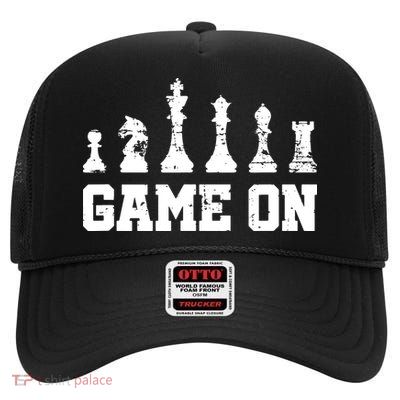 Chess Themed Chess Players With Chess Pieces Game On High Crown Mesh Back Trucker Hat