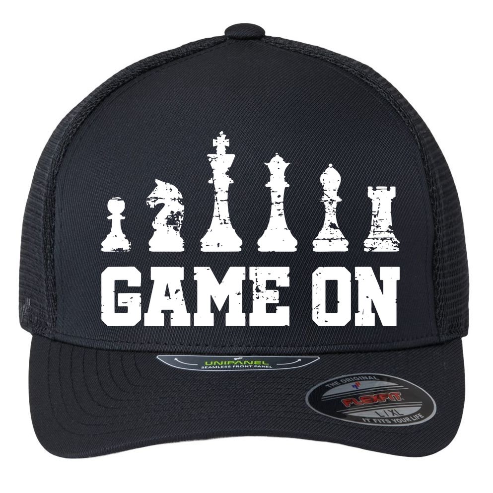 Chess Themed Chess Players With Chess Pieces Game On Flexfit Unipanel Trucker Cap