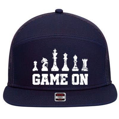 Chess Themed Chess Players With Chess Pieces Game On 7 Panel Mesh Trucker Snapback Hat