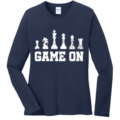Chess Themed Chess Players With Chess Pieces Game On Ladies Long Sleeve Shirt