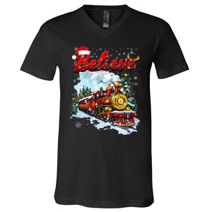 Christmas Train Christmas Believe Xmas Santa V-Neck T-Shirt