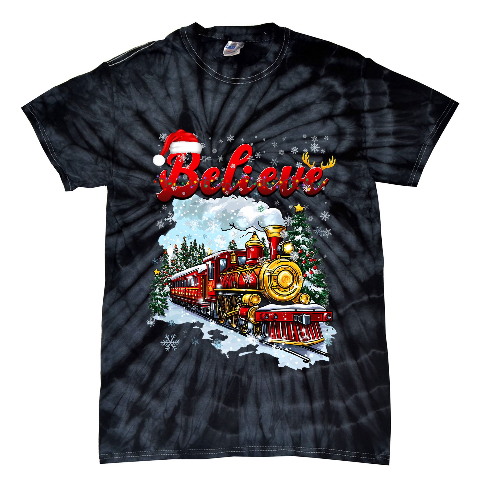 Christmas Train Christmas Believe Xmas Santa Tie-Dye T-Shirt