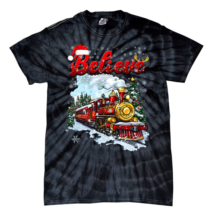 Christmas Train Christmas Believe Xmas Santa Tie-Dye T-Shirt