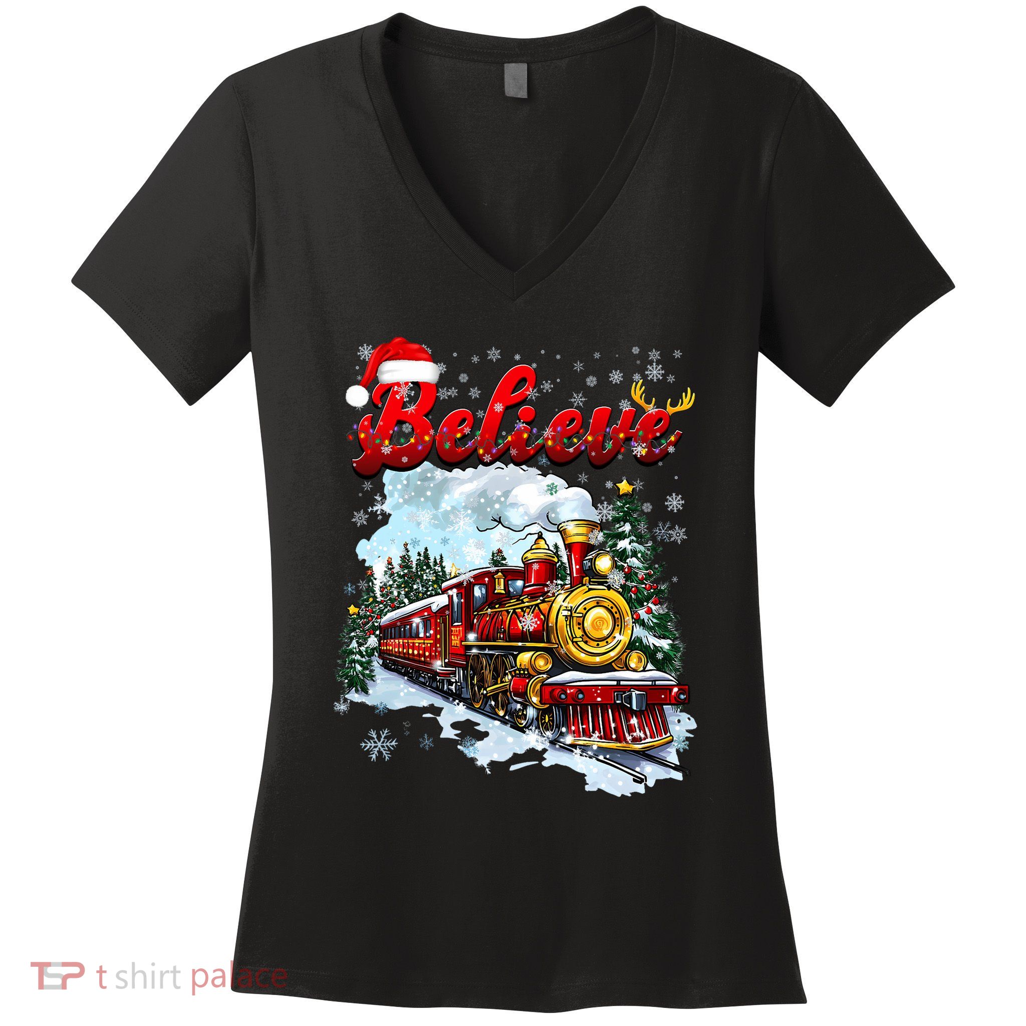 Christmas Train Christmas Believe Xmas Santa Women's V-Neck T-Shirt