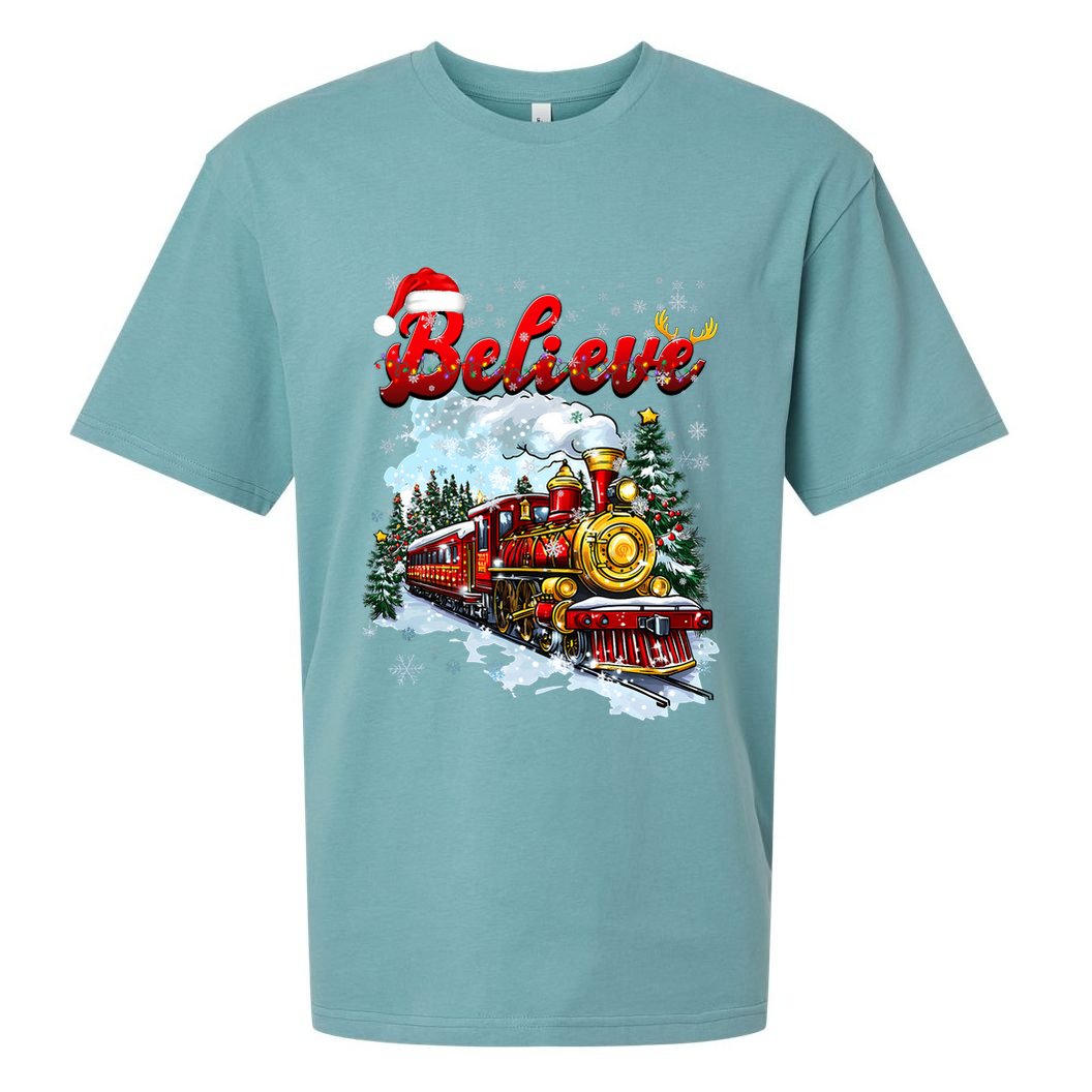 Christmas Train Christmas Believe Xmas Santa Sueded Cloud Jersey T-Shirt