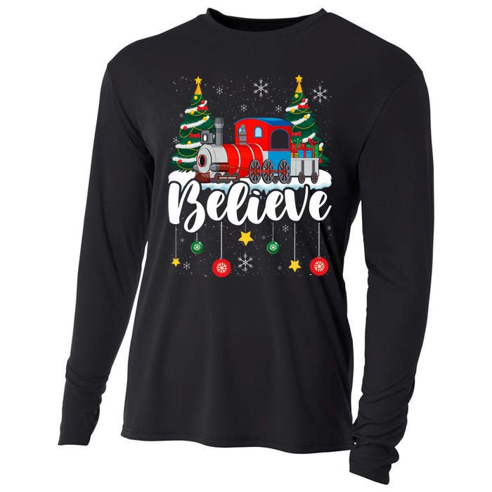 Christmas Train Christmas Believe Xmas Santa Cooling Performance Long Sleeve Crew