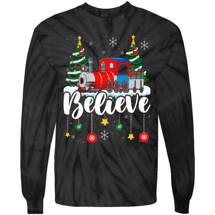 Christmas Train Christmas Believe Xmas Santa Tie-Dye Long Sleeve Shirt