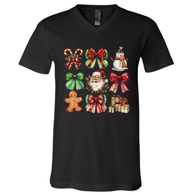 Christmas Tree Coquette Bow Snowman Santa Claus V-Neck T-Shirt