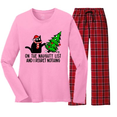 Christmas Tree Cat On The Naughty List And I Regret Nothing Gift Women's Long Sleeve Flannel Pajama Set 