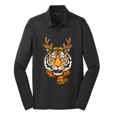 Christmas Tiger Cat Santa Clause Reindeer Xmas Tiger Lover Silk Touch Performance Long Sleeve Polo