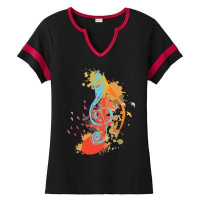 Colorful Treble Clef Music Theory Musician Teacher Birds Ladies Halftime Notch Neck Tee