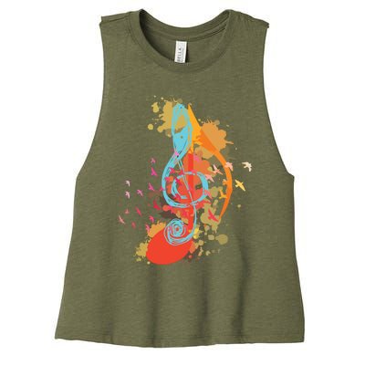 Colorful Treble Clef Music Theory Musician Teacher Birds Women's Racerback Cropped Tank