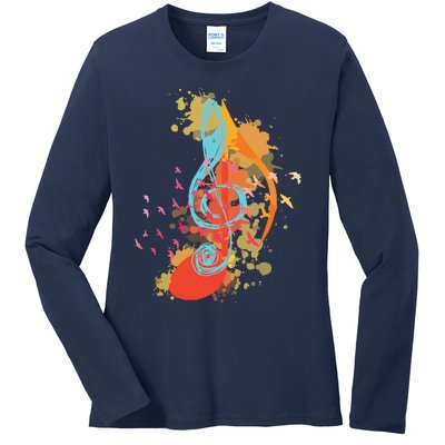 Colorful Treble Clef Music Theory Musician Teacher Birds Ladies Long Sleeve Shirt