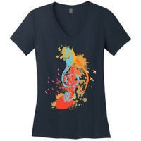 Colorful Treble Clef Music Theory Musician Teacher Birds Women's V-Neck T-Shirt